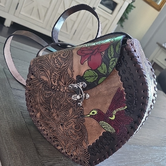 Handbags - Artisan Heart-Shaped Crossbody Bag with Floral and Bird Design